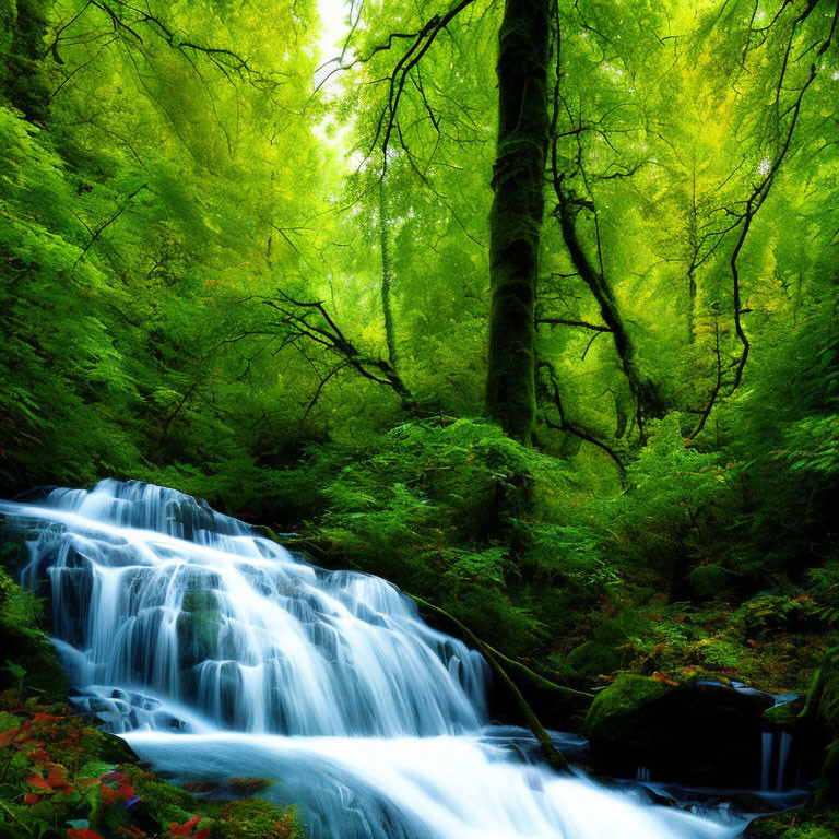 Tranquil waterfall in lush green forest with sunlight rays