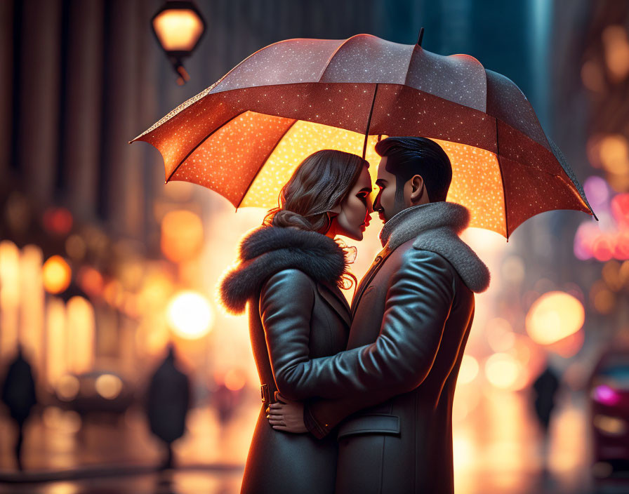 Couple Embracing Under Glowing Umbrella in City Street at Dusk