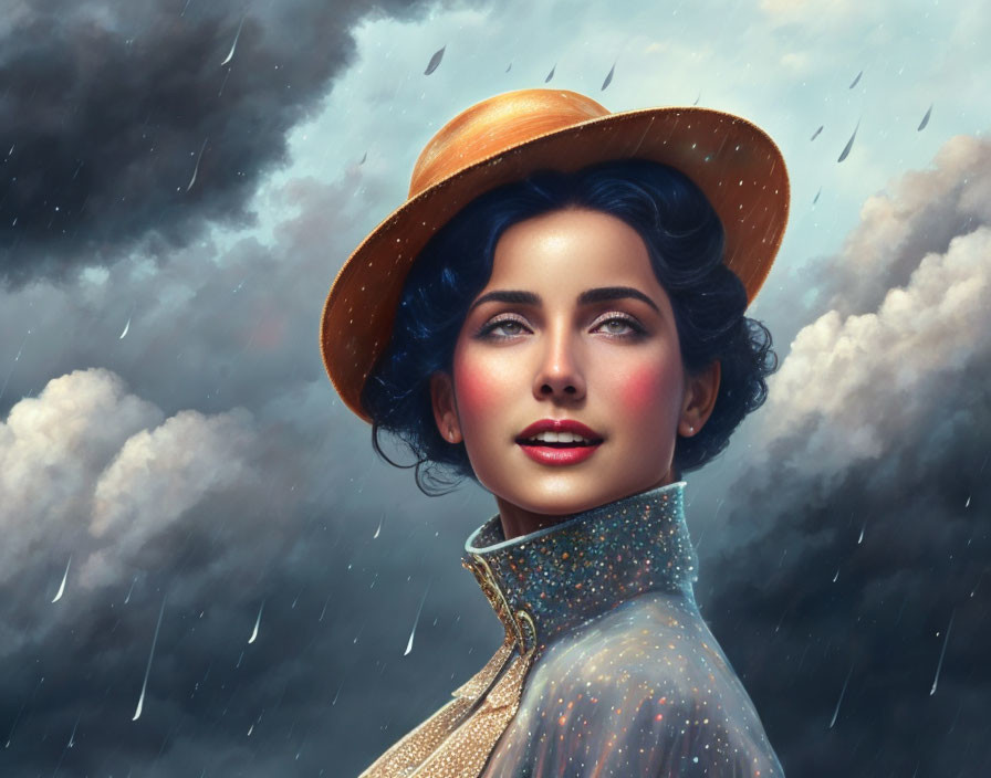 Portrait of woman with vintage hat, blue eyes, red lips, under stormy sky with raindrops