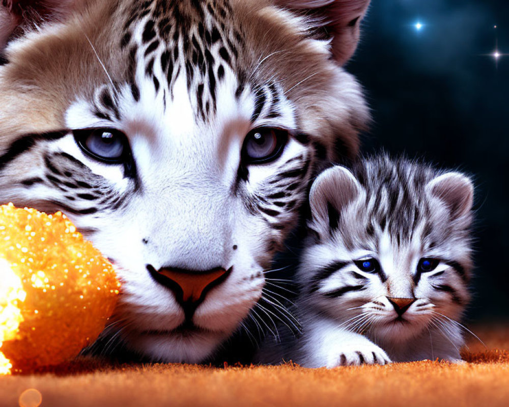 Majestic tiger cub and kitten under starry night sky