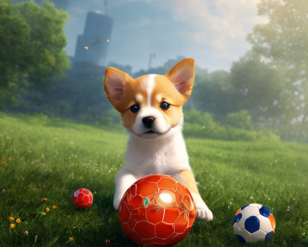 Adorable corgi puppy with soccer balls and castle in sunny setting