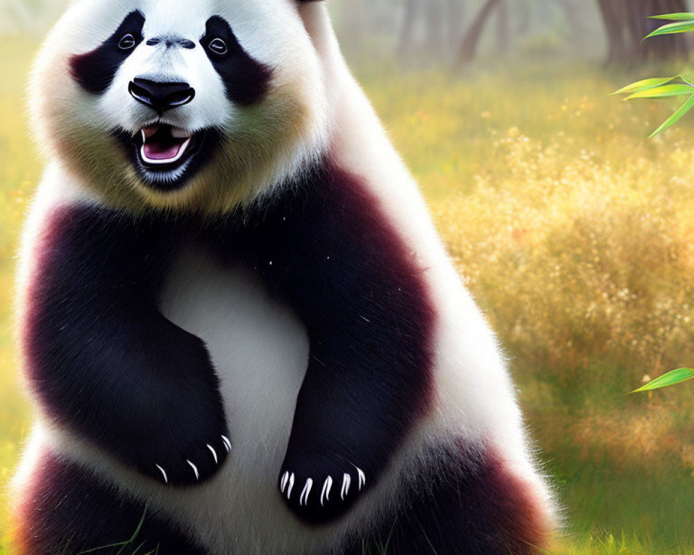 Colorful Smiling Panda in Green Foliage