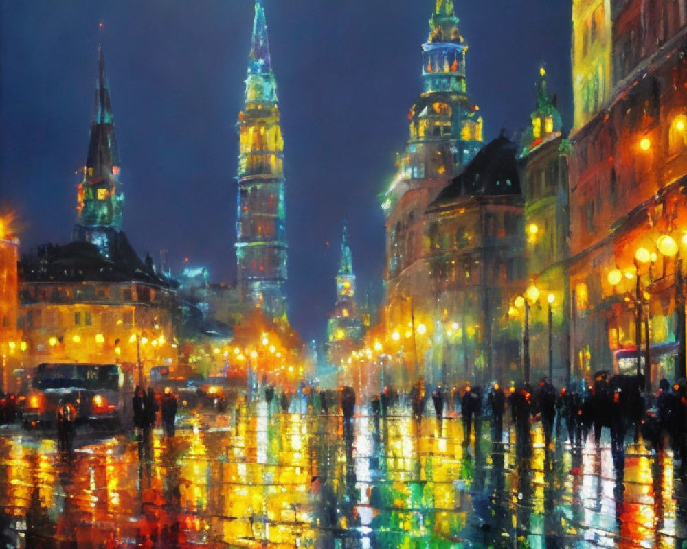 Vibrant impressionistic cityscape: night reflections, silhouettes, illuminated buildings