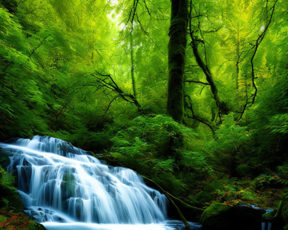 Tranquil waterfall in lush green forest with sunlight rays