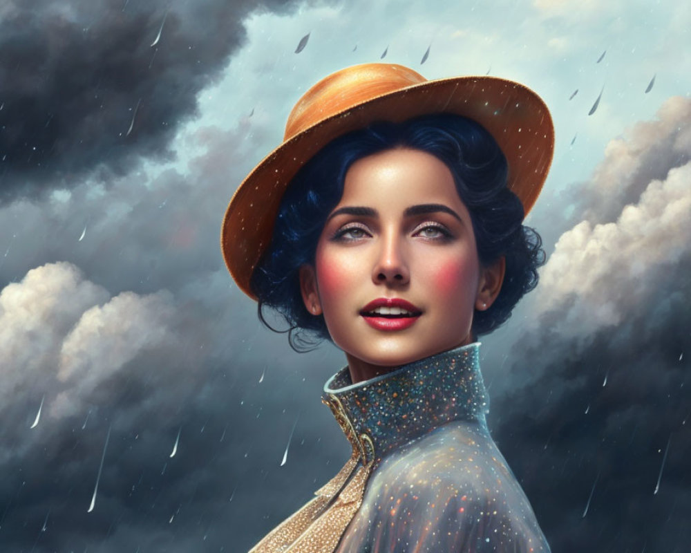 Portrait of woman with vintage hat, blue eyes, red lips, under stormy sky with raindrops