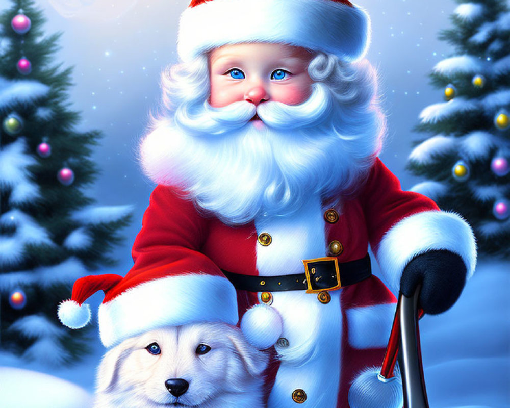 Santa Claus with white dog in snowy Christmas scene