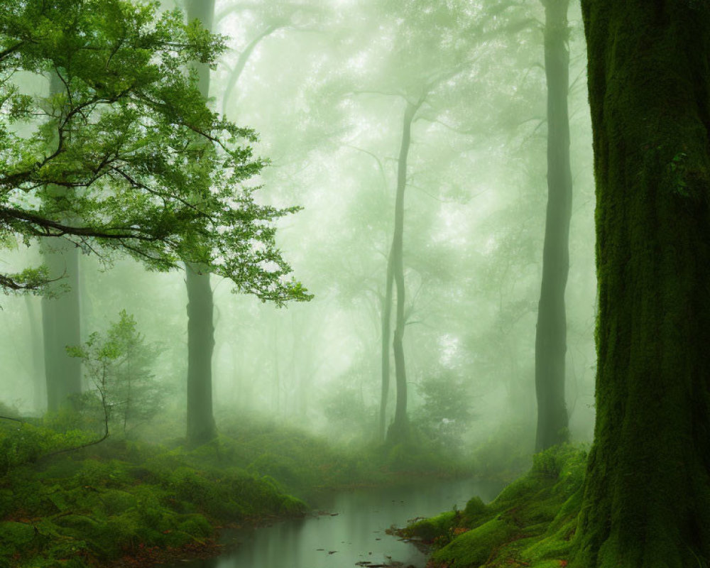 Tranquil misty forest with green foliage, stream, and fog-enveloped tree trunks