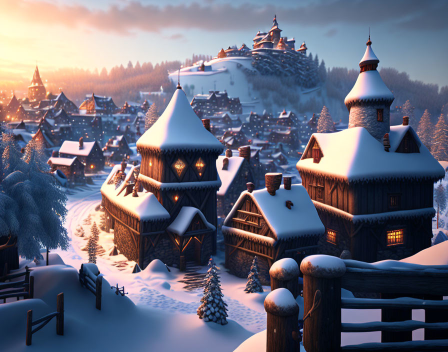 Snowy Evening in Cozy Village with Traditional Houses and Castle