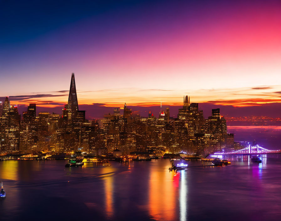 City skyline at dusk with vibrant purple and orange sky gradient.