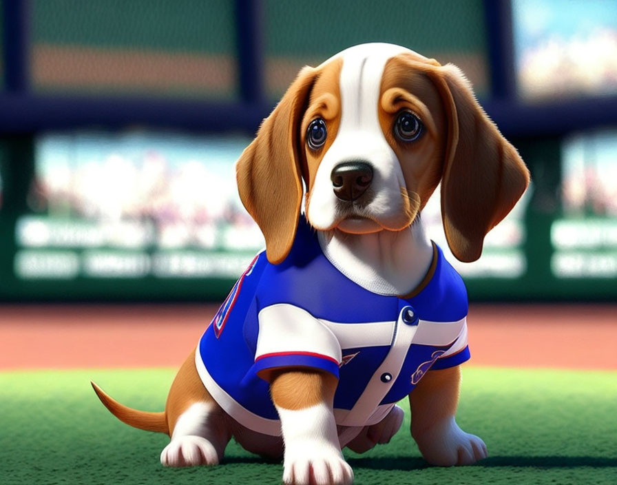 Adorable animated puppy in blue baseball jersey on green field