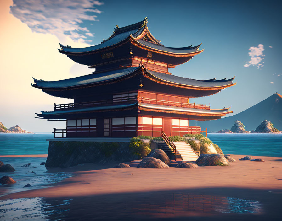 Japanese Pagoda Seaside Sunset Digital Art With Mountain