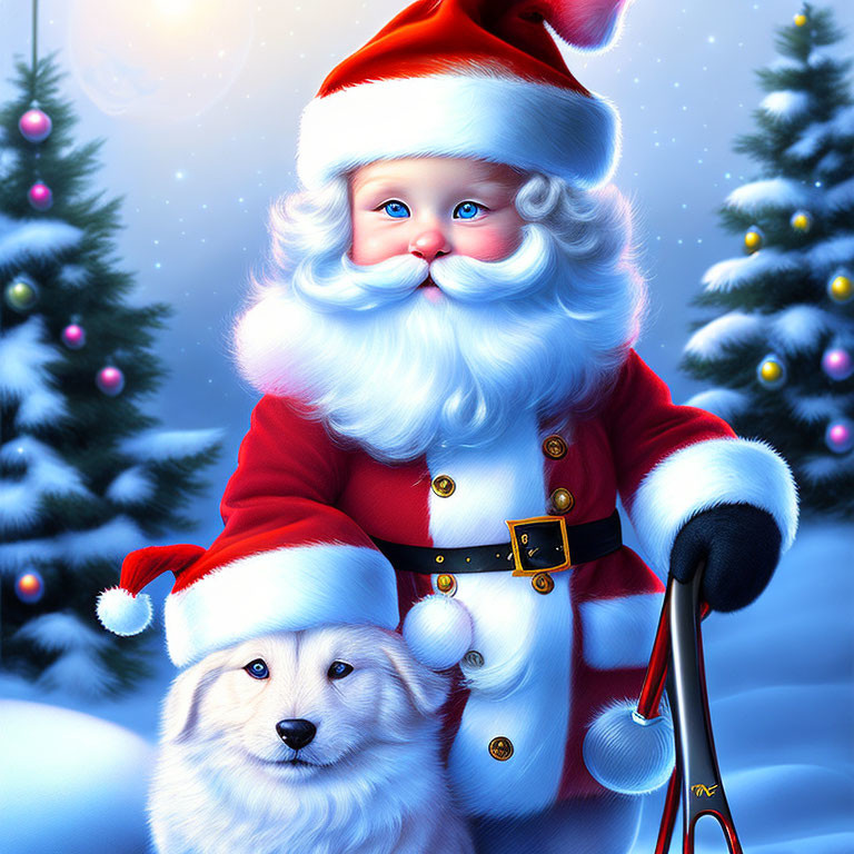 Santa Claus with white dog in snowy Christmas scene