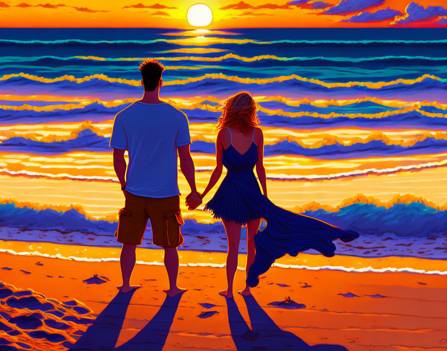 Romantic couple watching vivid beach sunset with crashing waves