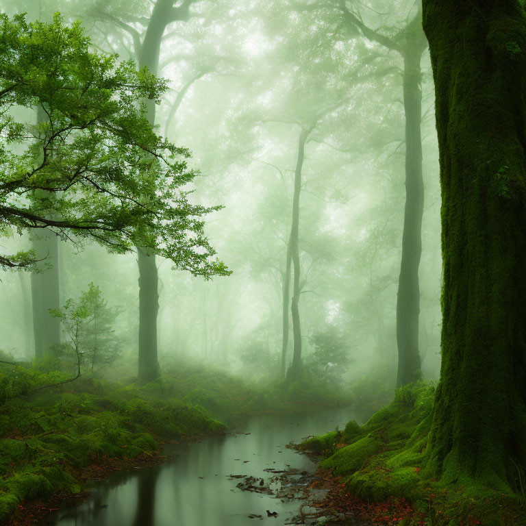 Tranquil misty forest with green foliage, stream, and fog-enveloped tree trunks