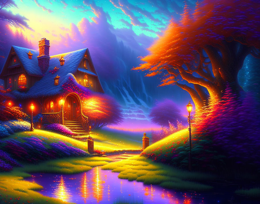 Vibrant dusk landscape with cozy cottage, lush flora, majestic tree, and warm lanterns by