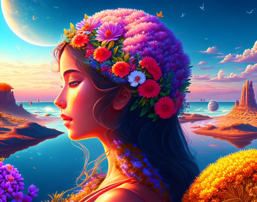 Colorful digital artwork: Woman with floral wreath in oceanic fantasy.