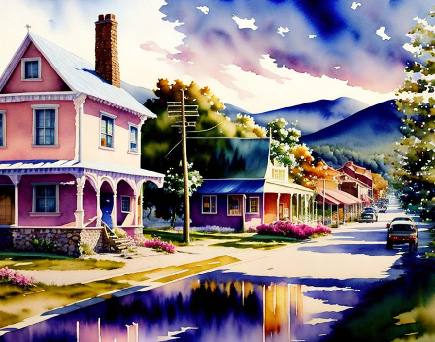 Vibrant watercolor painting: serene street with pink house, reflective puddle, mountains, and