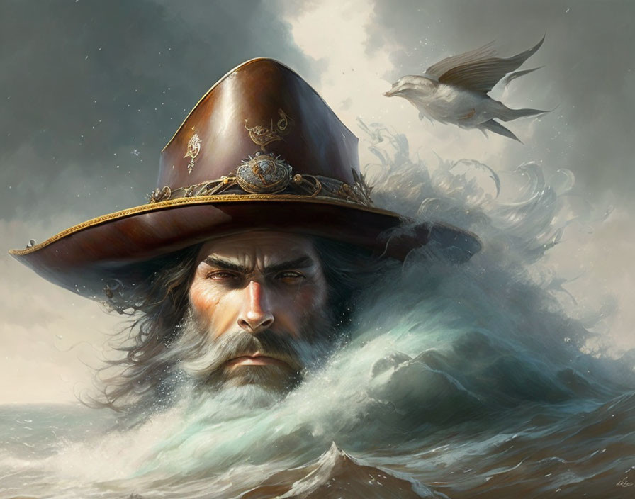 Pirate emerging from the sea with waves forming beard and hair