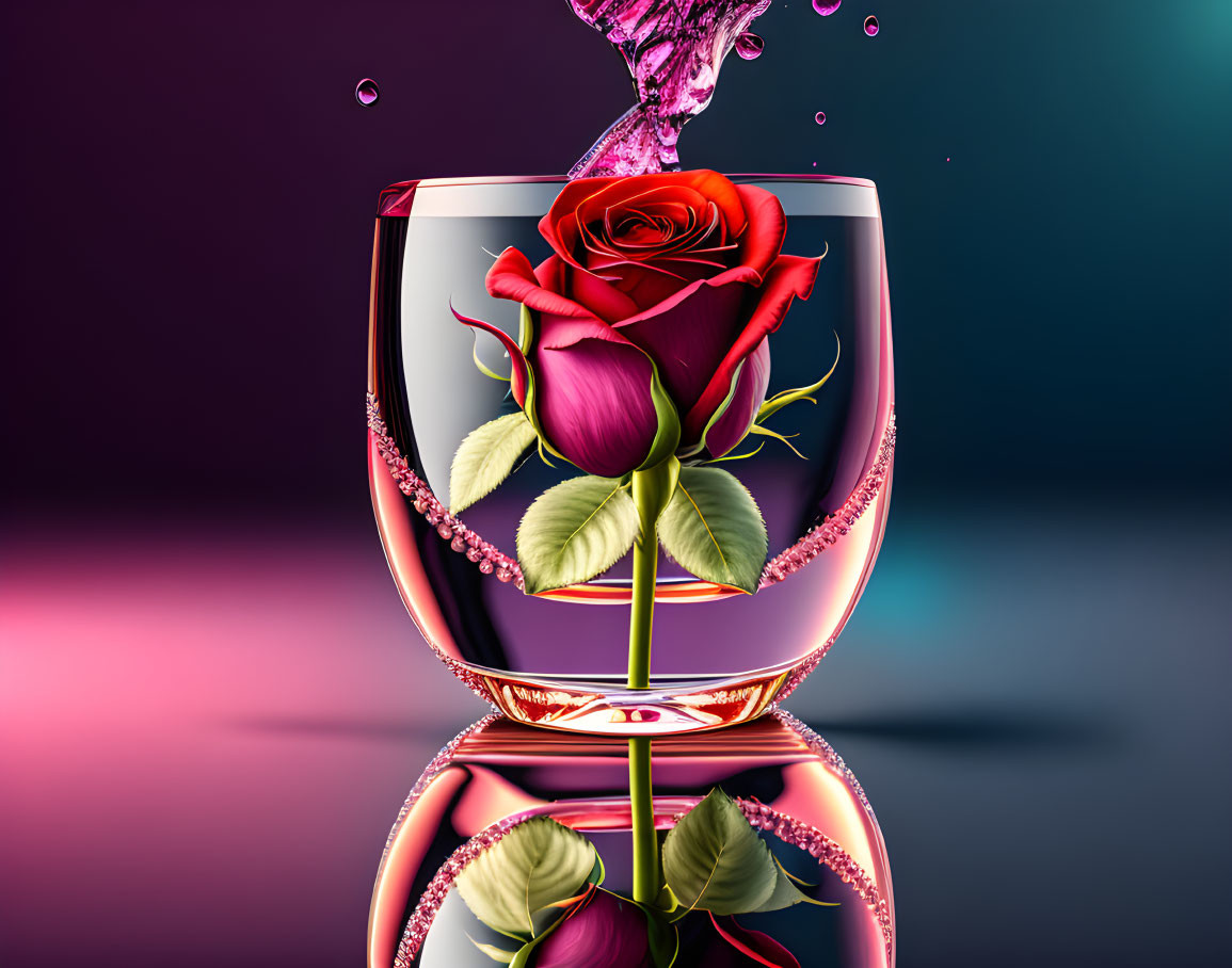 Red rose in clear glass with water on purple and pink background