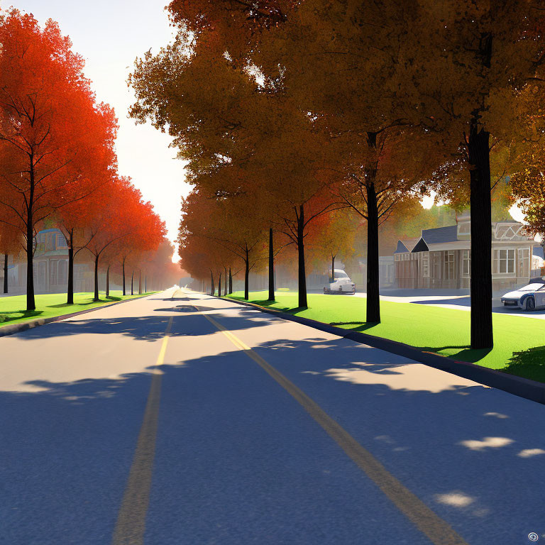 Tranquil suburban road with vibrant autumn trees