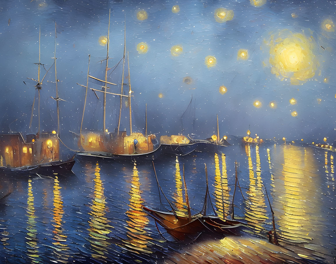 Tranquil harbor scene with starry night, illuminated boats, swirling moon, and glowing orbs