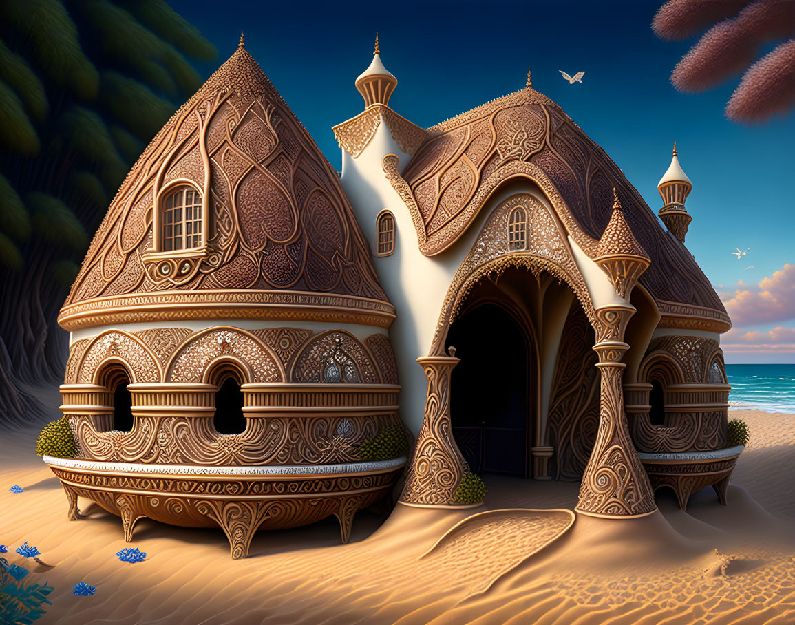 Fantasy-style building with domed roofs on sandy beach at sunset