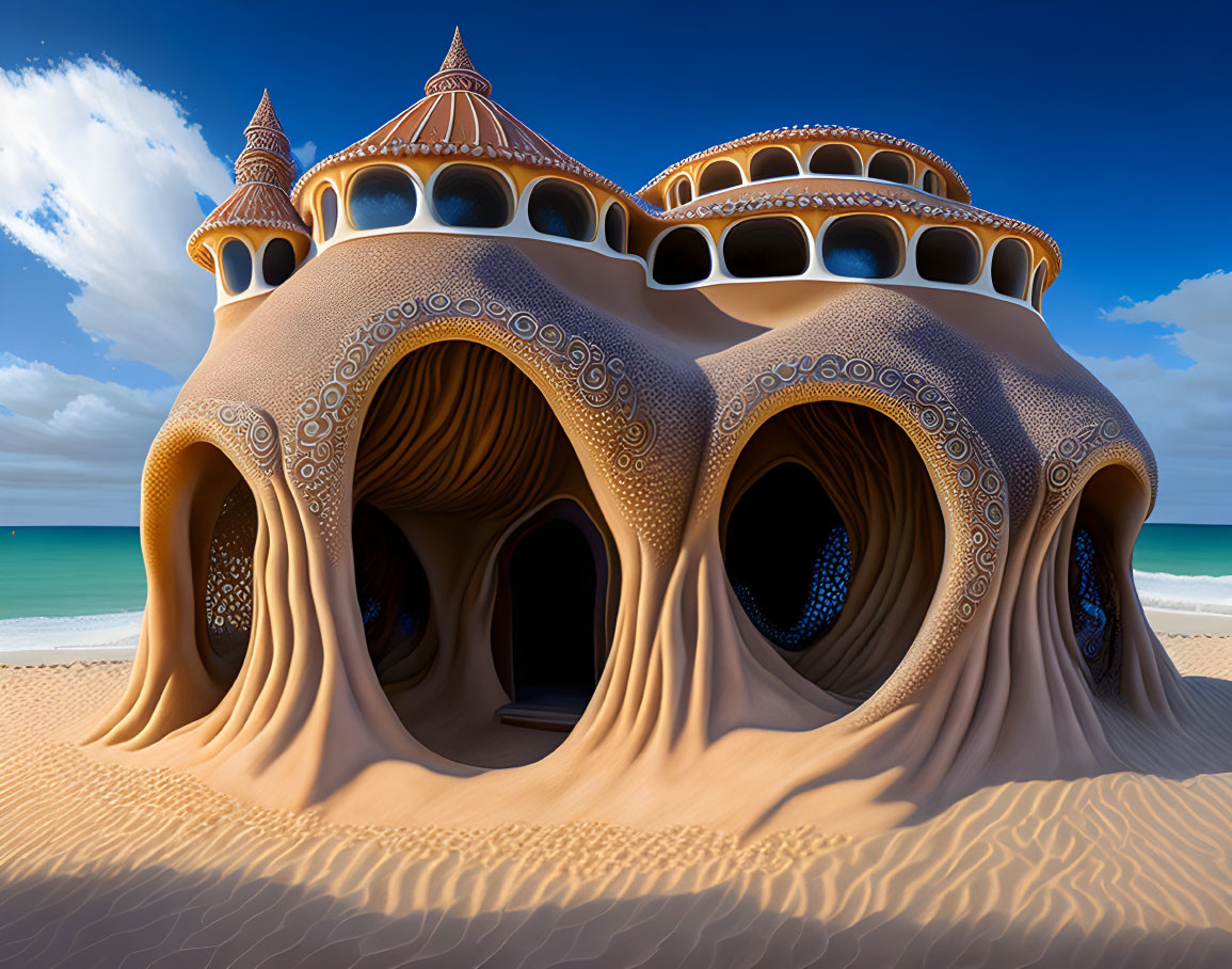 Detailed Sandcastle on Sandy Beach under Clear Blue Sky