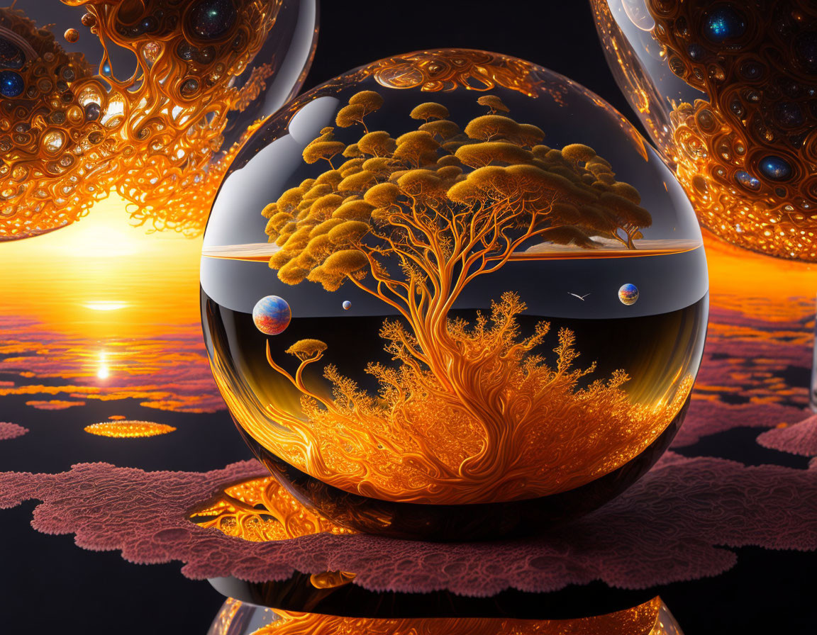 Surreal image of glossy sphere with golden tree in vivid landscape