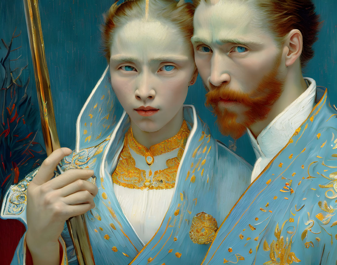 Detailed painting of pale-skinned man and woman in ornate blue and white attire with gold accents posing