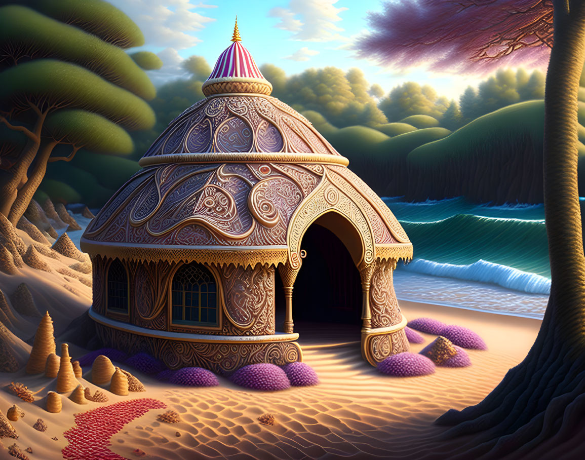 Intricate fantasy hut on sandy beach by turquoise sea and whimsical trees at dusk