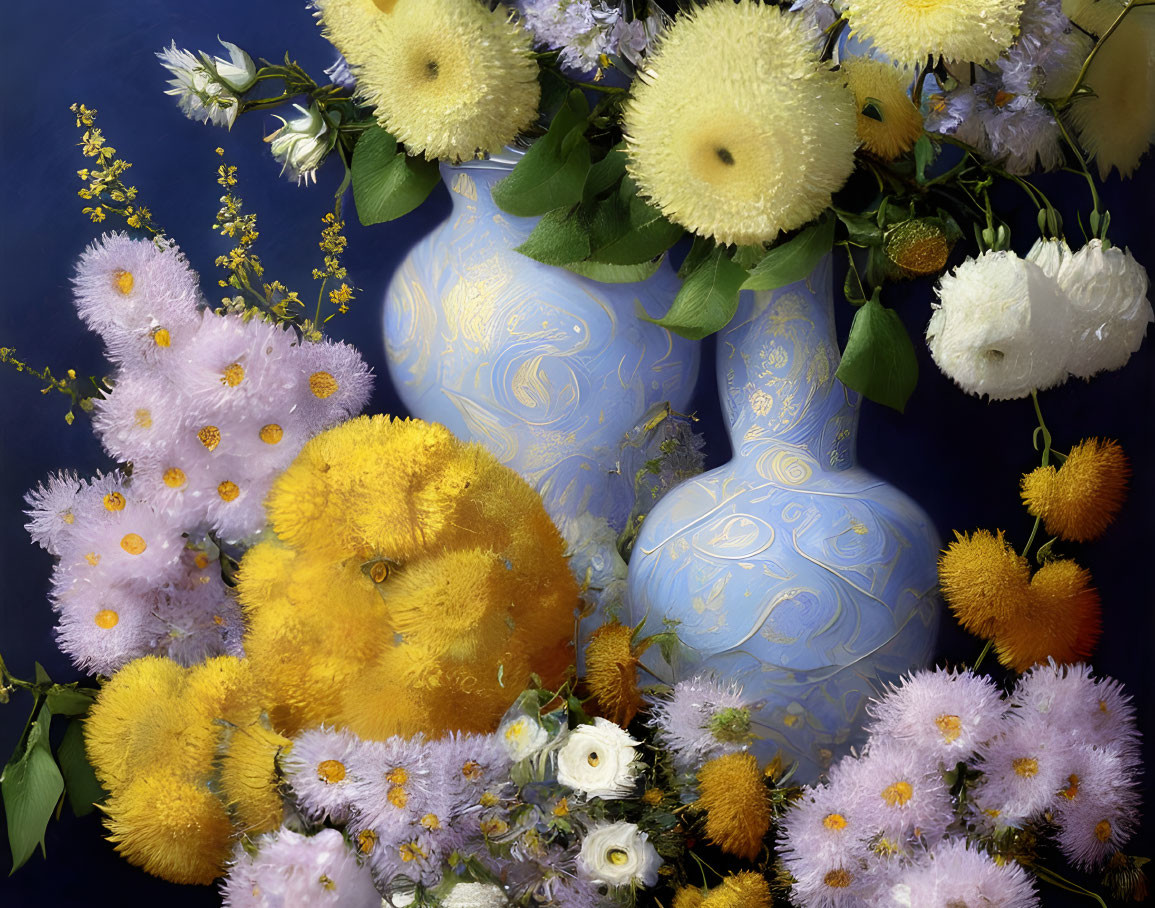 Colorful Flowers in Pale Blue Vases on Dark Blue Background