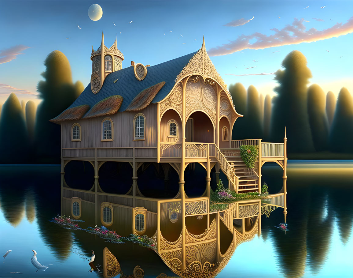 Fantasy-style house with intricate designs by a calm lake at twilight