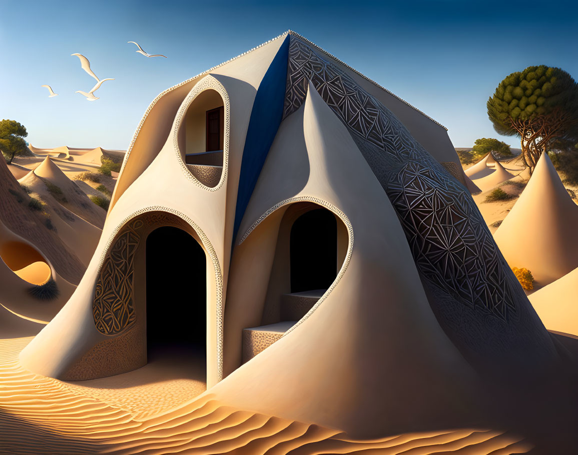 Desert landscape with futuristic tent structure, sand dunes, lone tree, and birds