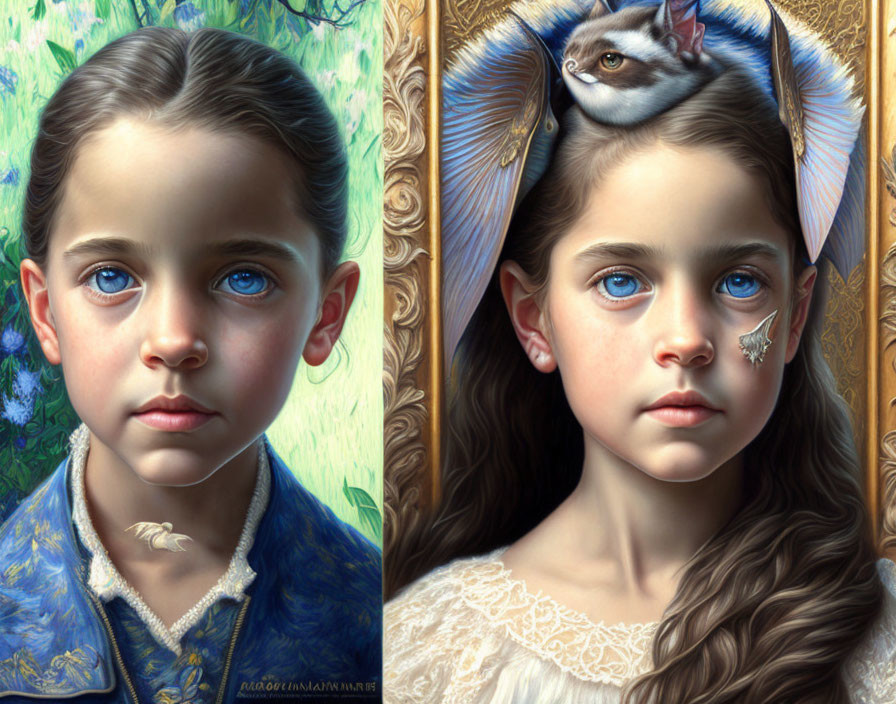 Realistic portraits of young boy and girl with blue eyes in ornate clothing, featuring a cat resting