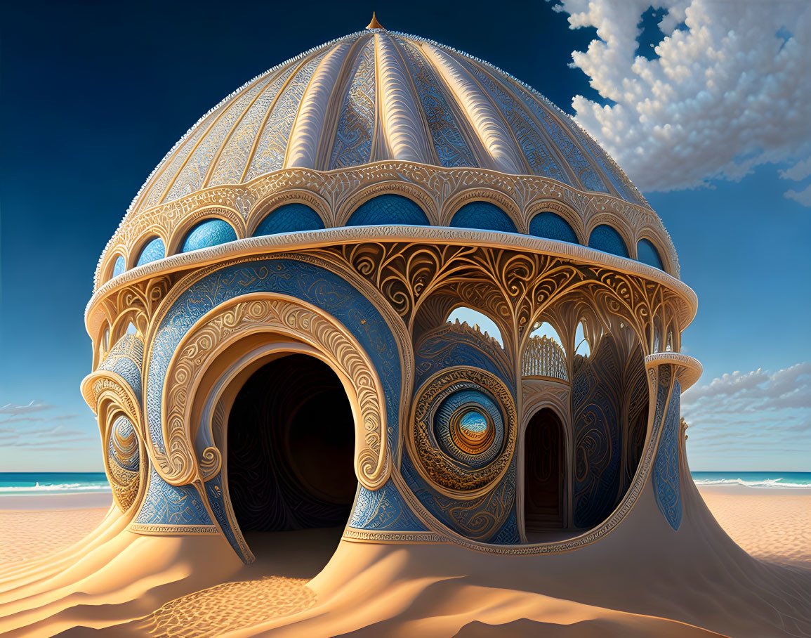 Intricate blue and gold dome in desert landscape