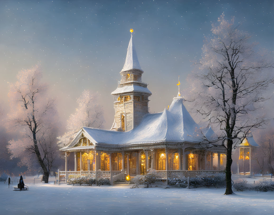 Wooden church with lights in snow-covered twilight landscape