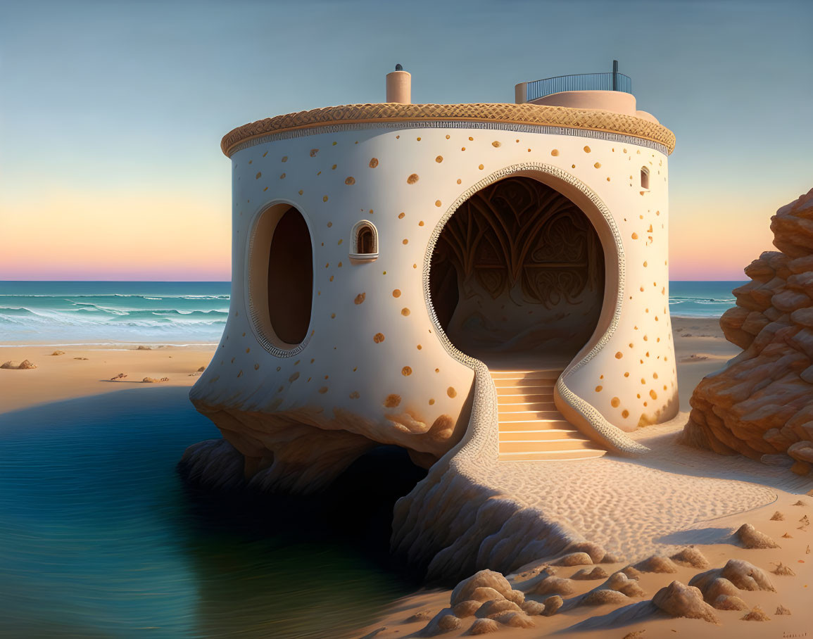 Whimsical seaside structure with rounded walls and ornate door on sandy beach at sunset