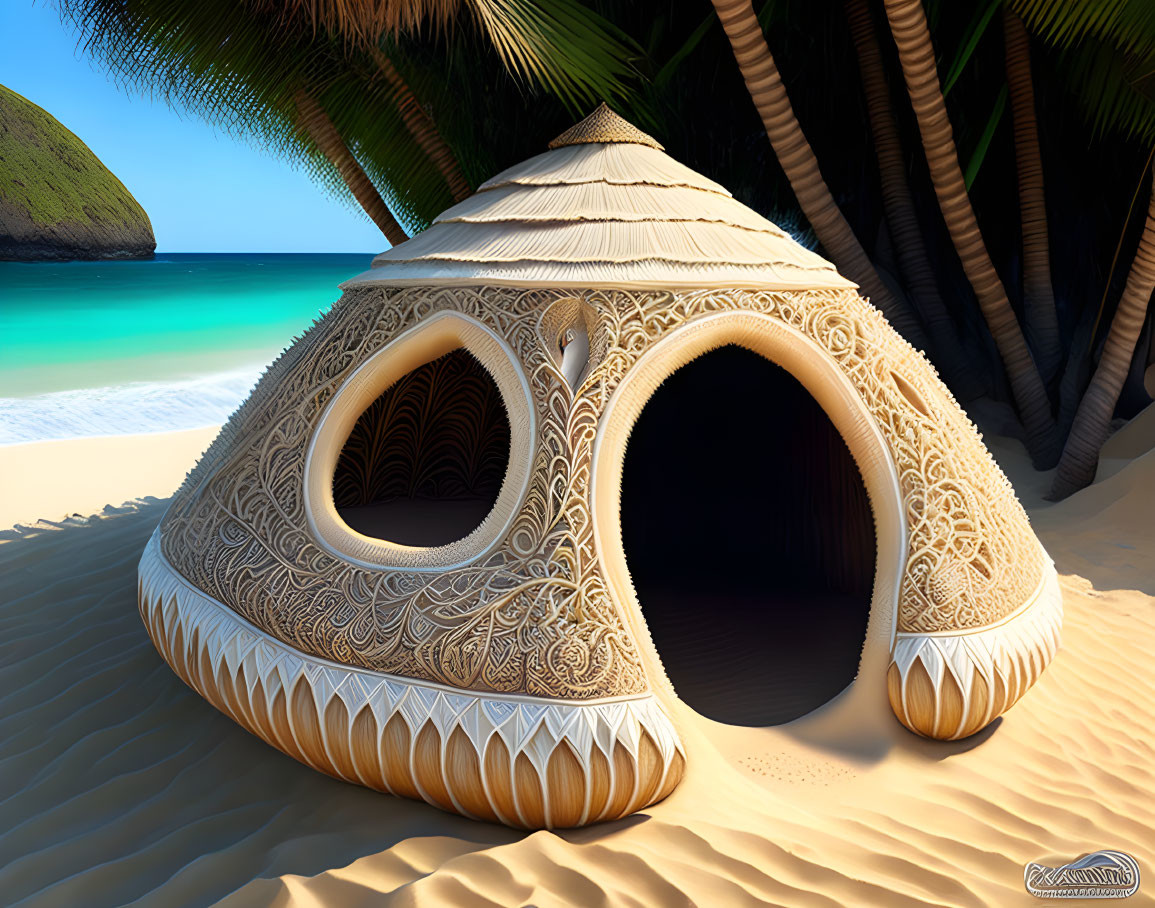 Shell-shaped Structure on Sandy Beach with Blue Ocean & Palm Trees