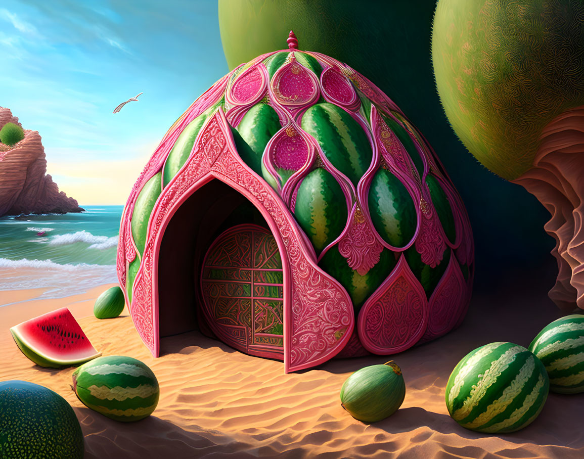 Colorful Watermelon Tent on Sandy Beach with Cliffs and Bird