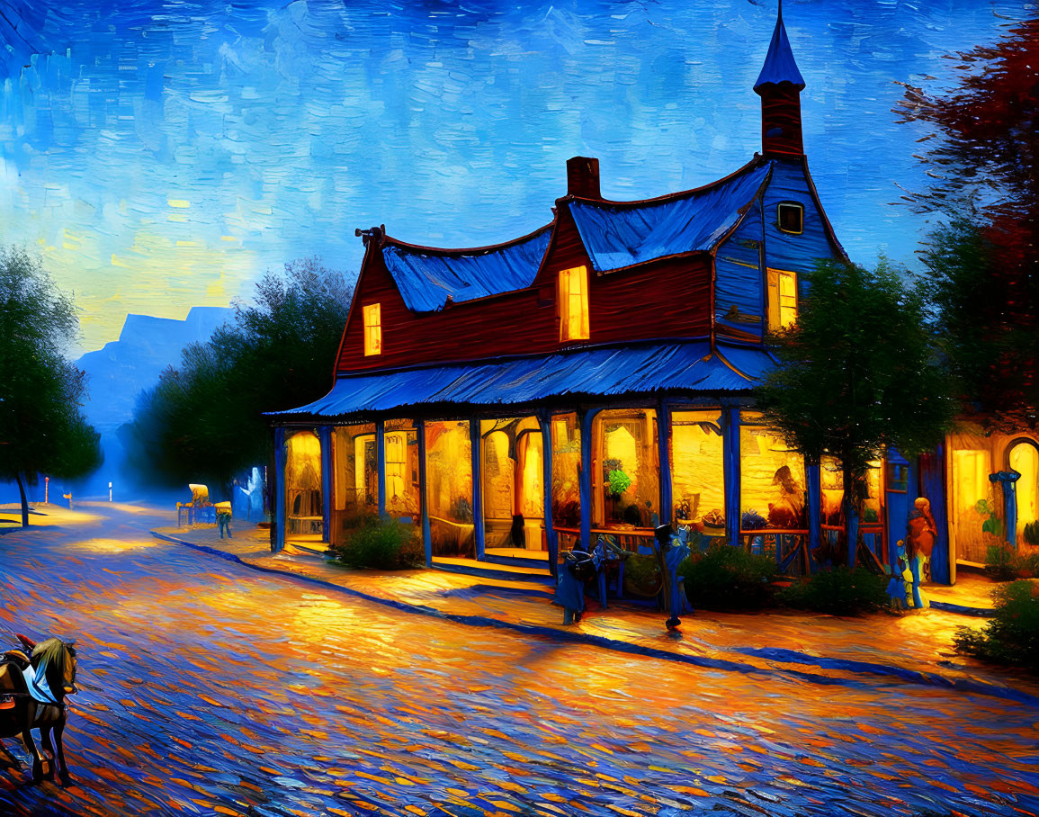 Impressionist-style painting of quaint street scene at dusk