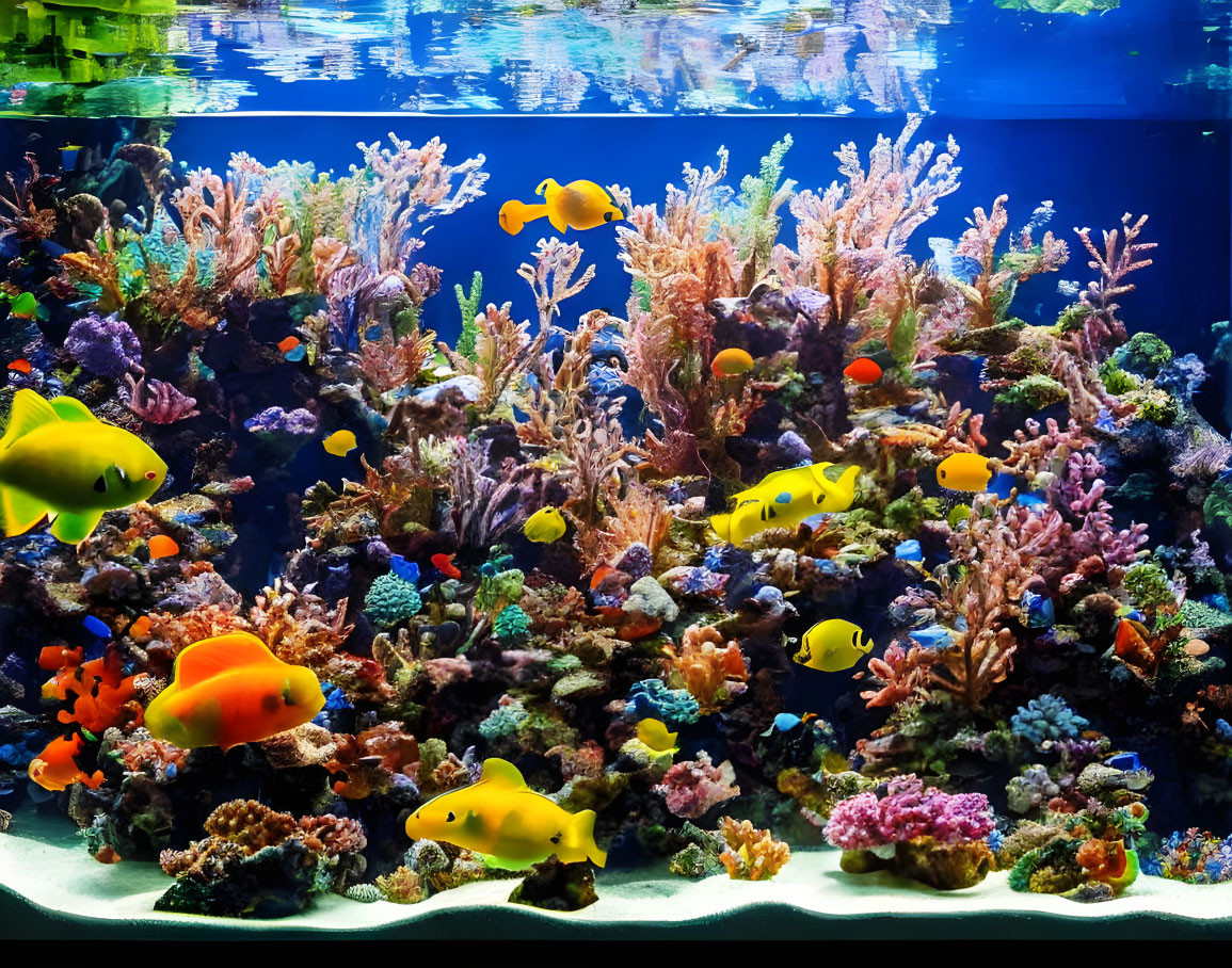 Colorful coral reef with yellow tangs and tropical fish among underwater plants