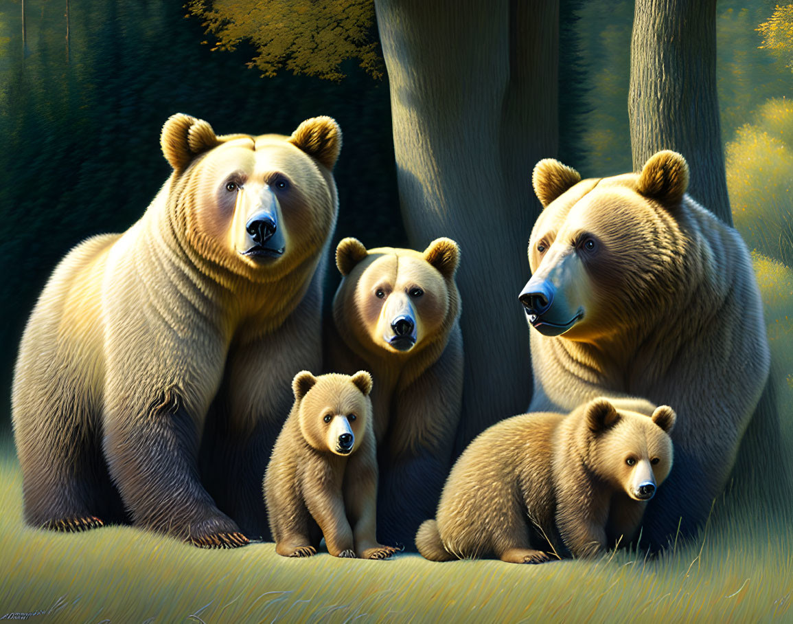 Family of Four Bears Standing in Sunlit Forest Clearing