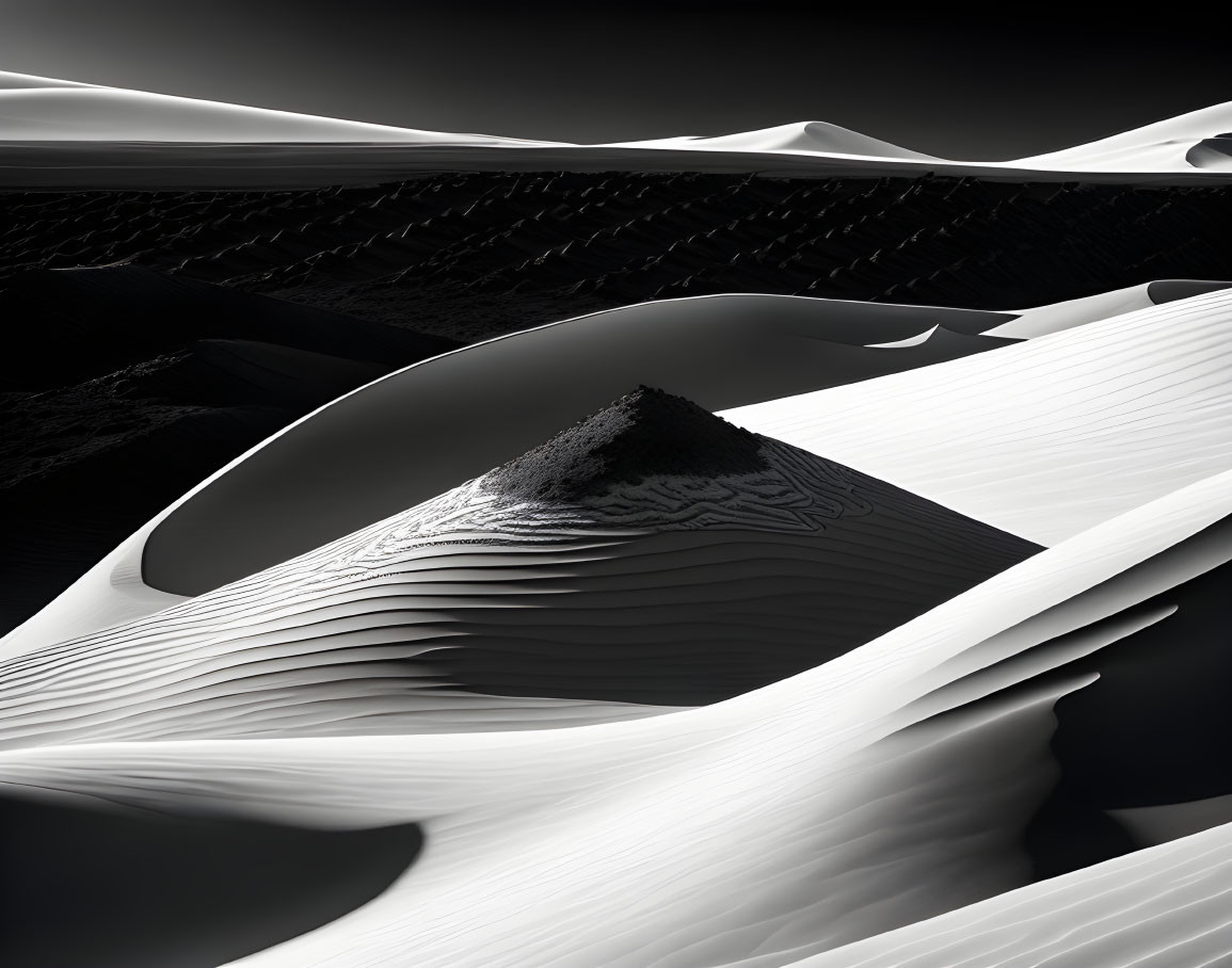 Monochromatic sand dunes with contrasting shadows and textured peak under dark sky