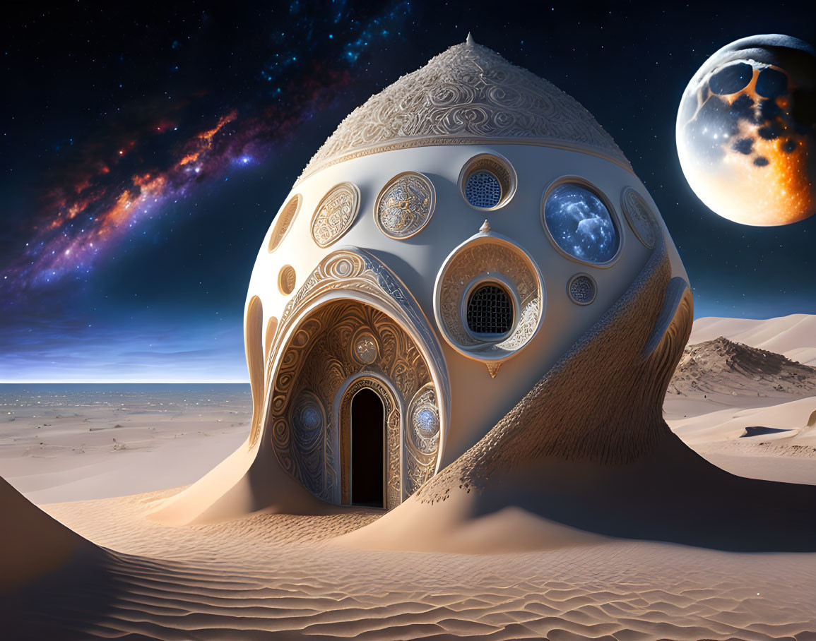 Futuristic dome structure in desert with intricate designs under starry sky