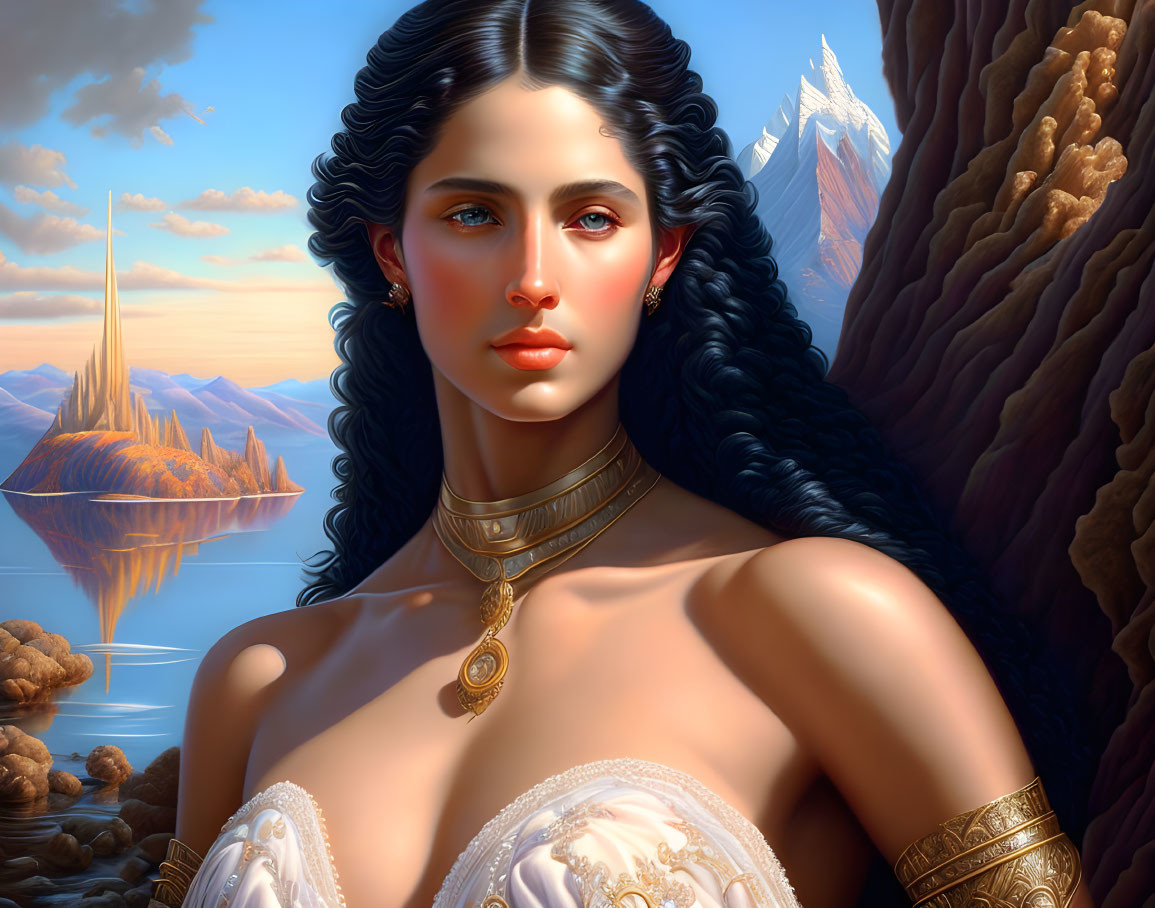 Digital artwork featuring woman with dark hair and blue eyes in mountain and lake scenery