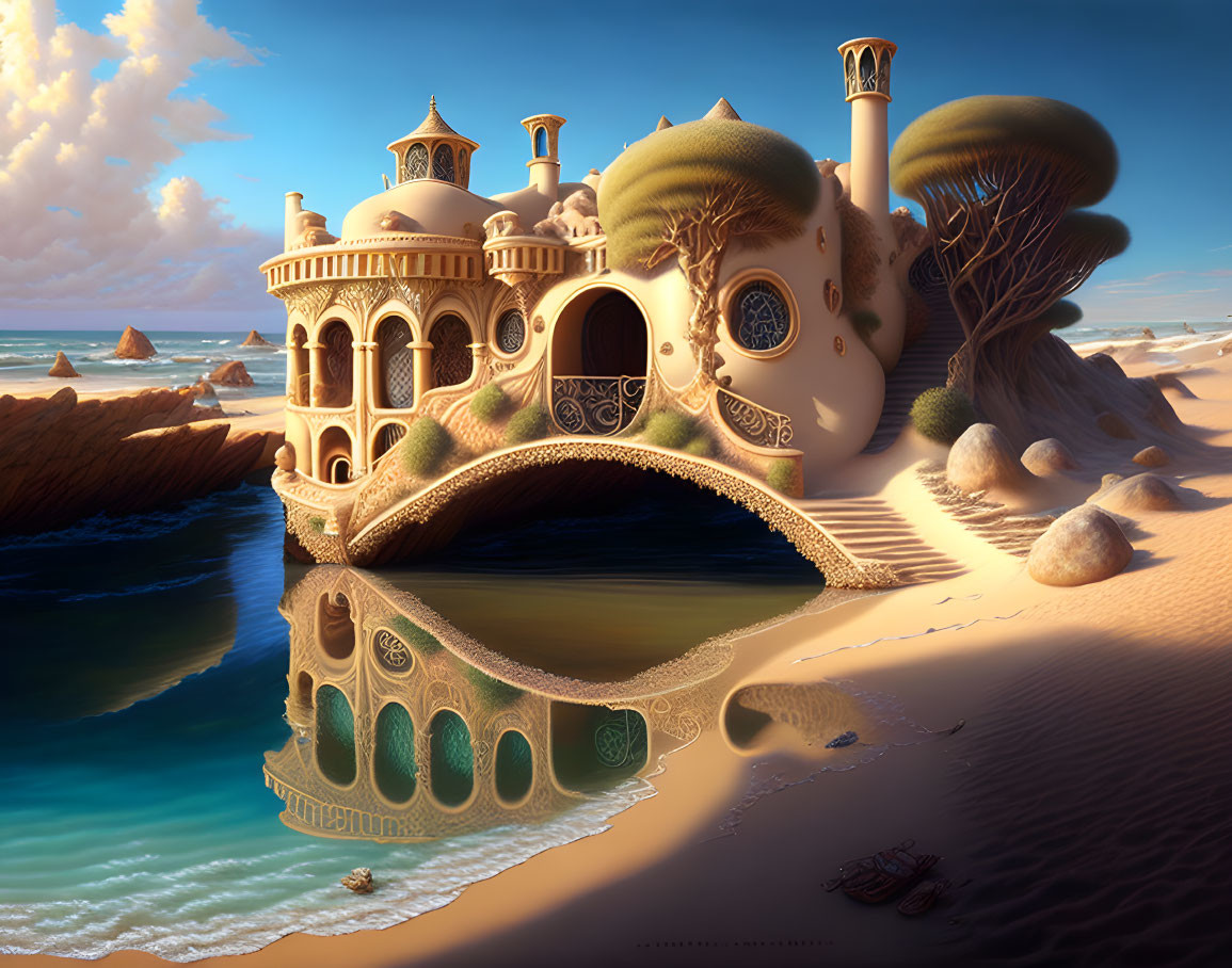 Organic seaside structure with arches and domes under clear blue sky