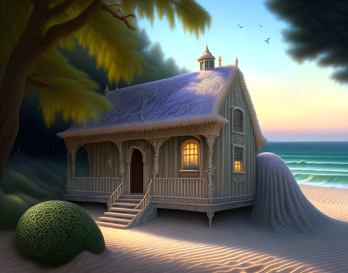 Ornate cottage on sandy shore at dusk with warm lights