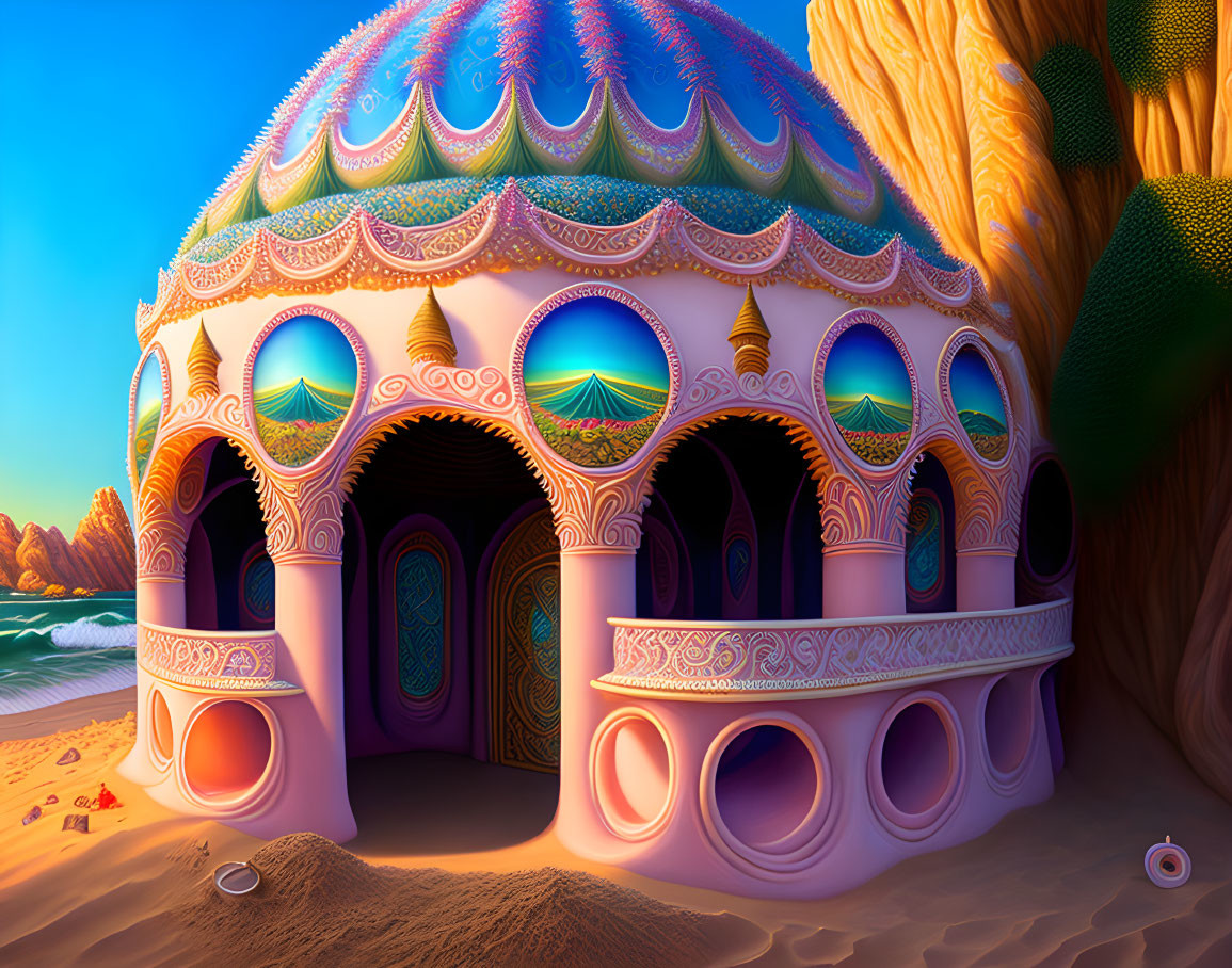 Fantasy dome building on beach with cliffs and seashells