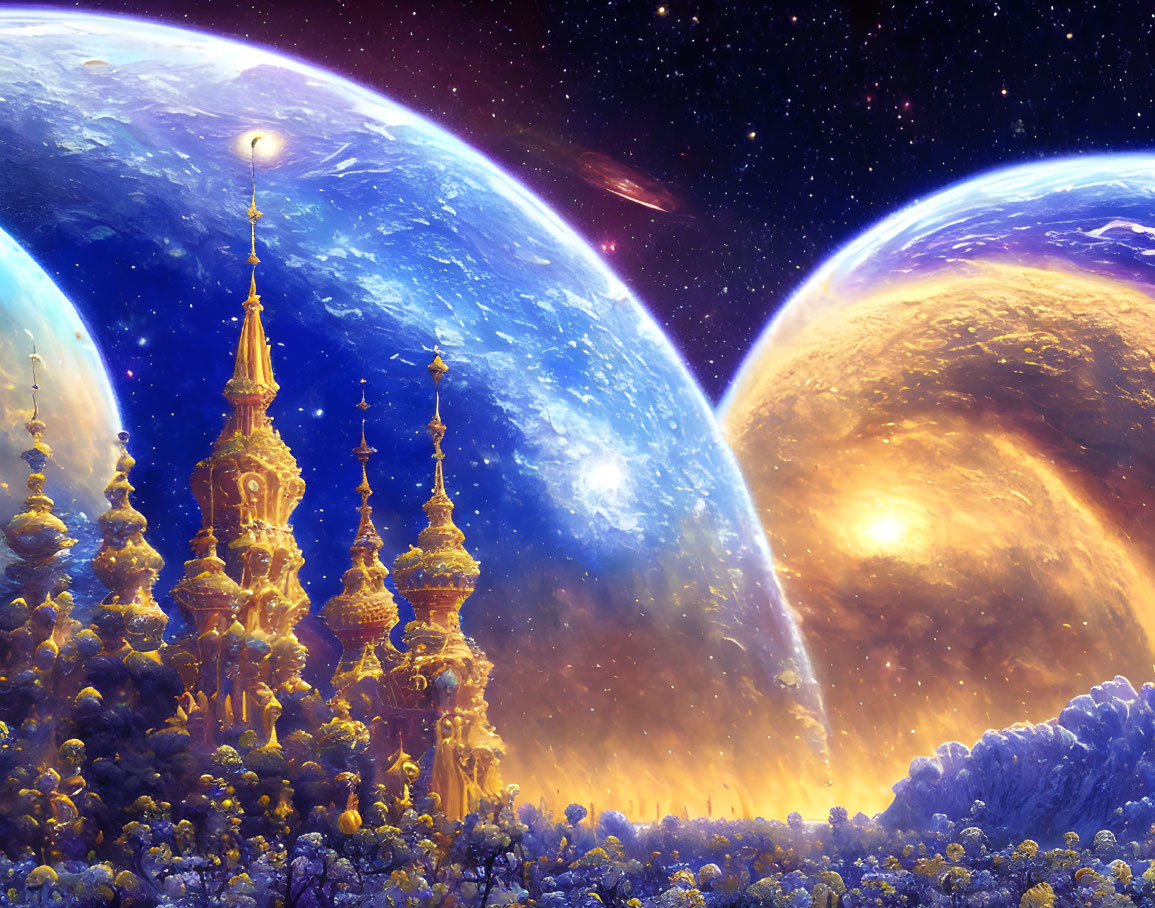 Fantastical landscape with golden structures, celestial bodies, and starry sky.