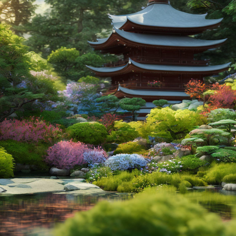 Tranquil Japanese garden with pond, azaleas, greenery, and pagoda